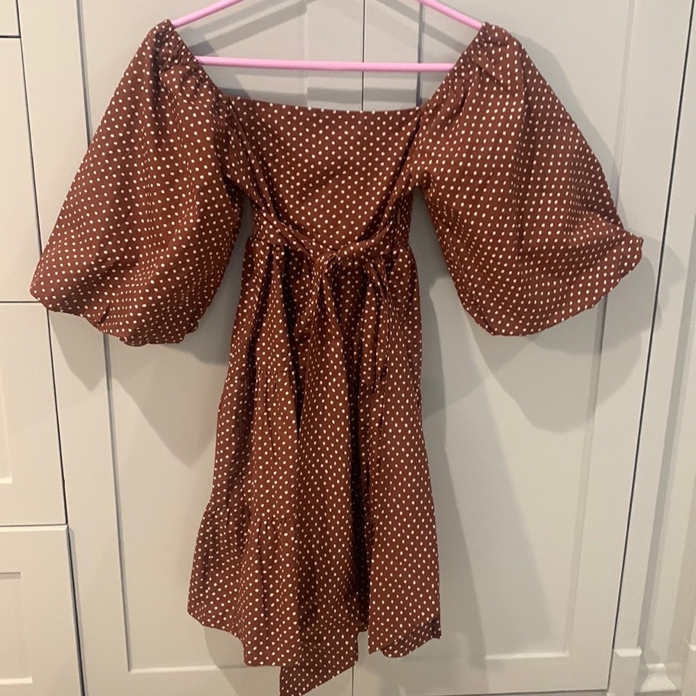 NWOT Polkadot Faithful the brand brown and white polka dot mini tie dress